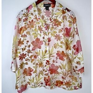 Fall Floral Blouse Semi Sheer XL Women's Shell Button Up 3/4 Sleeve Autumn